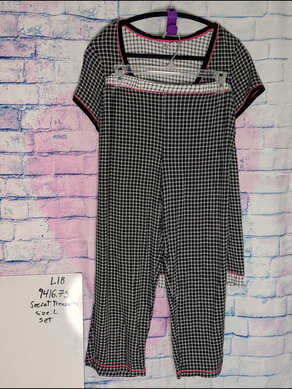 Secret Treasures Black and White Check Pajama Set with Pink Trim